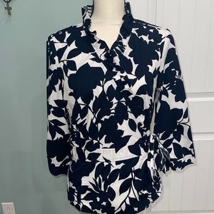 $19 Ann Taylor Blue and white floral ruffle neck wrap top size 12